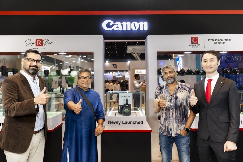 (From Right to Left) Mr Toshiaki Nomura, President & CEO, Canon India, Hanu Raghavapudi, Indian film Director and Screenwriter, Mr Sudeep Chatterjee, National Award-winning Cinematographer, and Mr Vishesh Magoo, Assistant Director, Imaging Communication Business, Canon India unveiled Canon's latest marvel EOS C80 at the Broadcast India Show 2024.